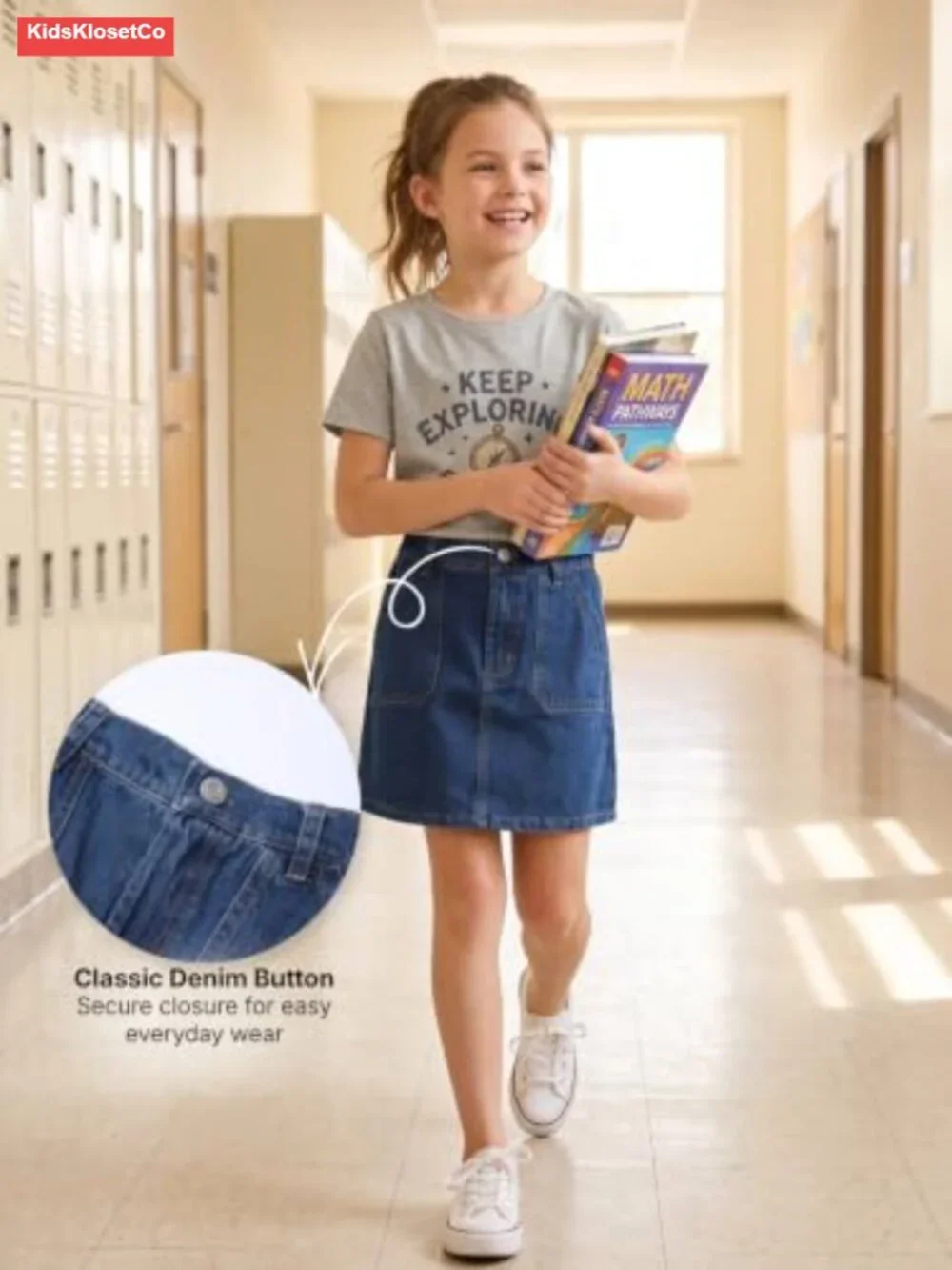 Girls A-Line Denim Skirt with Elastic Back Waistband and Pockets